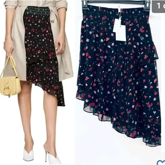 NWT! Joie Silk Gorowen Floral Print A-line Skirt Asymmetric Ruffle Hem S - Picture 2 of 12